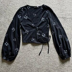 ASOS 100% Cotton Black Wrap Crop Top with Blue Floral Embroidery Womens US 0